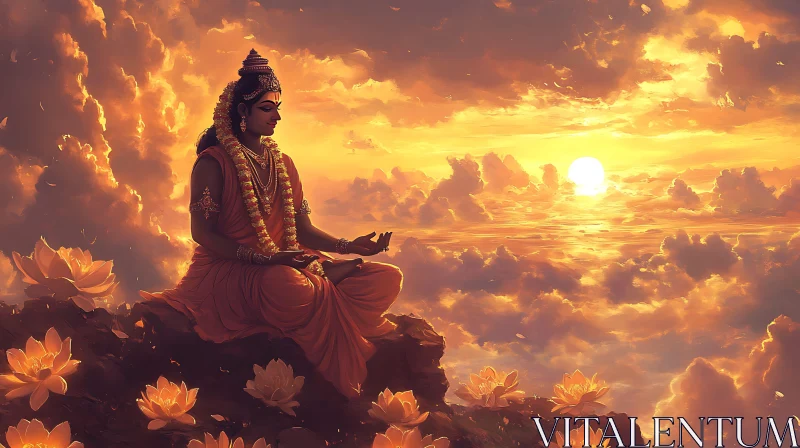 Sunset Meditation with Lotus Flowers AI Image