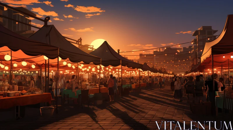 Anime-Style Bustling Market Scene at Dusk with Colorful Lanterns AI Image