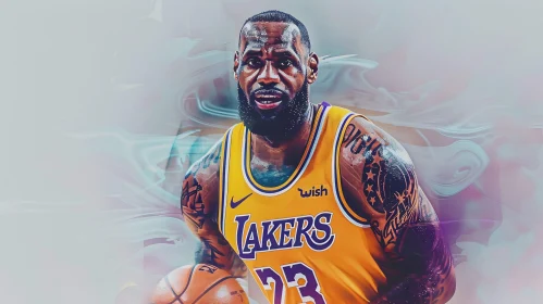 LeBron James with Basketball in Lakers Jersey