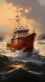 Captivating Red Fishing Boat in Ocean Waters