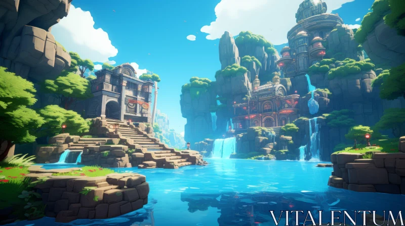 Captivating Video Game Landscape with Waterfalls and Temple AI Image