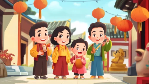 Cartoon Asian Children with Lanterns