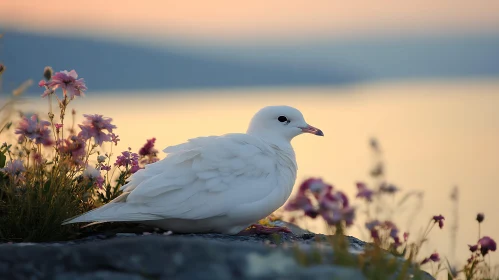 White Bird and Pink Flowers Serenity