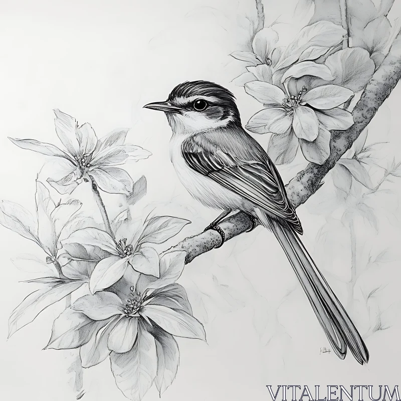 Elegant Bird on Floral Branch Artwork AI Image