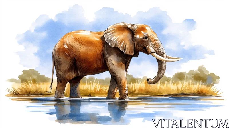 AI ART Elephant in Water with Grassland