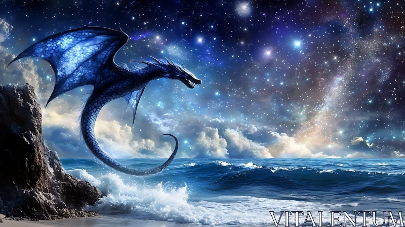 AI ART Blue Dragon Flying Over Ocean