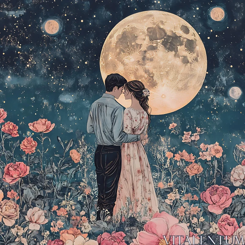 AI ART Floral Embrace Beneath the Moon