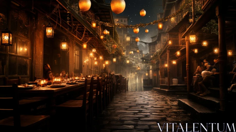 Fantasy-Inspired City Street at Night: A Rustic Restaurant Scene AI Image