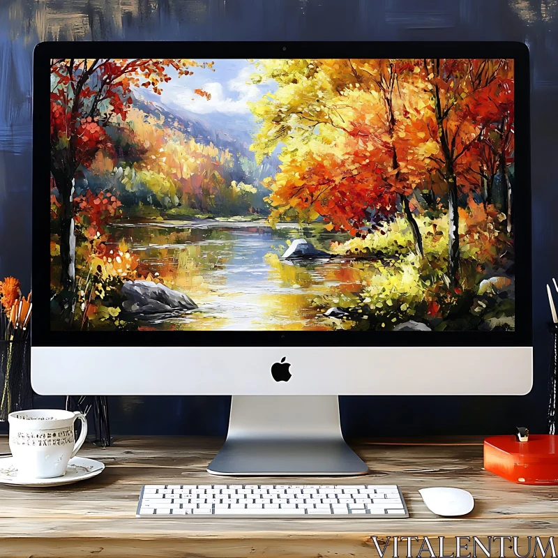 Serene Autumn Scene on Office Desktop Display AI Image