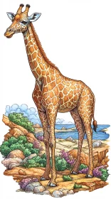Giraffe Illustration by the Sea