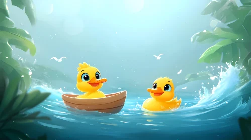 Cheerful Cartoon Ducks Enjoying the Water