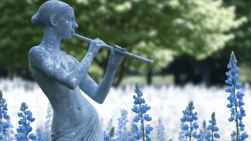 Graceful Statue of a Woman Playing the Flute in a Field of Blue Flowers