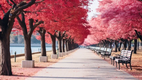 Red Maple Trees by Riverside Pathway: A Hallyu-Inspired Pastel Dream