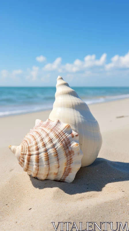Serene Oceanic Vistas: Conch Shells on the Beach AI Image