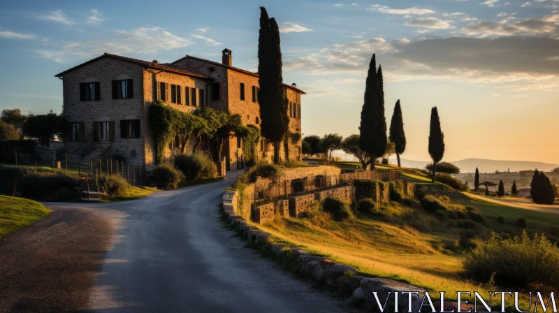 Sunset Over Hedera Estate - A Rustic Charm of Tuscany AI Image