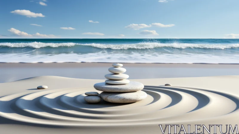 Zen-Inspired Beach Setting with Stacked Stones and Realistic Water AI Image