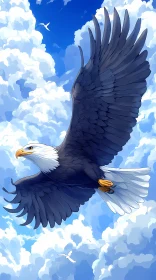 Eagle in Flight Among Clouds