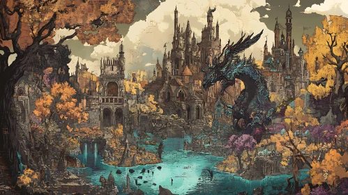 Fantasy Cityscape with Dragon Art