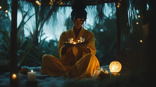 Serene Woman Meditating with Figurines