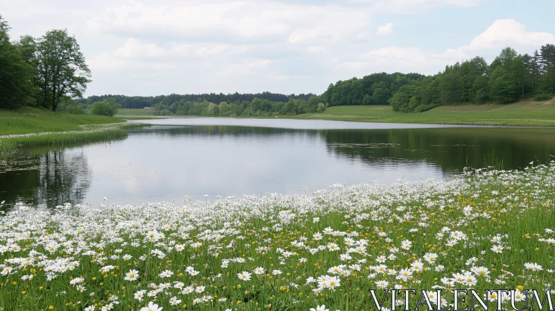 AI ART Picturesque Lake with Reflections and Wildflowers