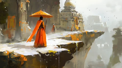 Contemplative Monk with Orange Umbrella