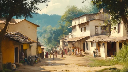 Tranquil Village Life in Earthy Hues