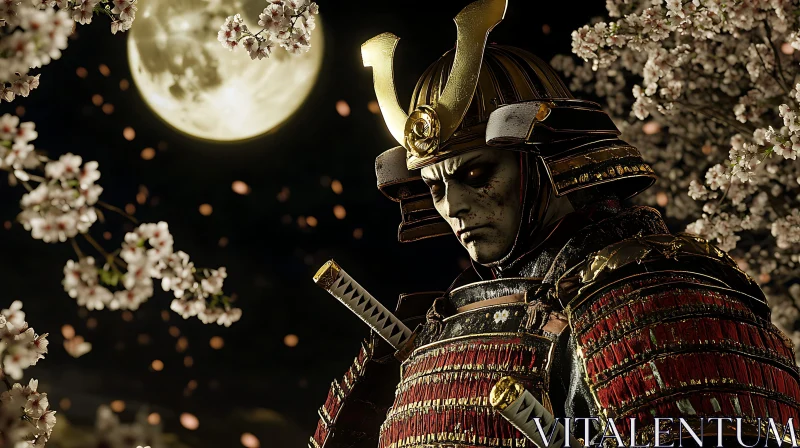 AI ART Moonlit Samurai with Cherry Blossoms