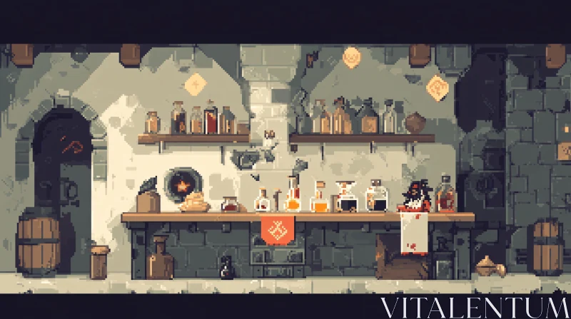 Vintage Pixel Art Interior with Bottles AI Image