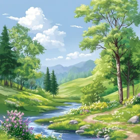 Peaceful Landscape with Trees and Flowers