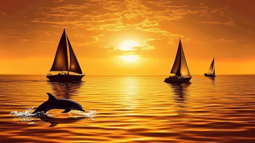 Golden Seascape with Sailboats and Dolphin