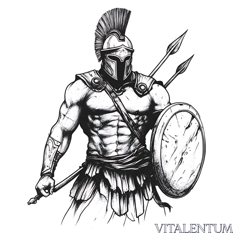 AI ART Monochrome Spartan with Shield and Spears