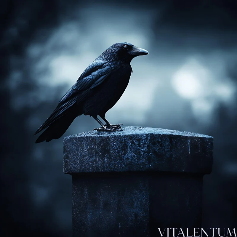 Dark Raven on Stone Post AI Image