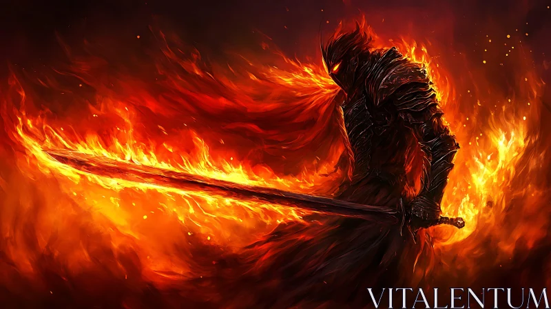 AI ART Flaming Sword Warrior in Dark Armor