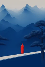 Mountain Landscape with Red Figure on Bridge