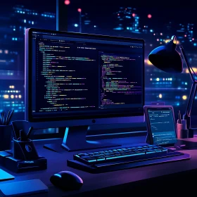 Programming Setup at Night with City Background