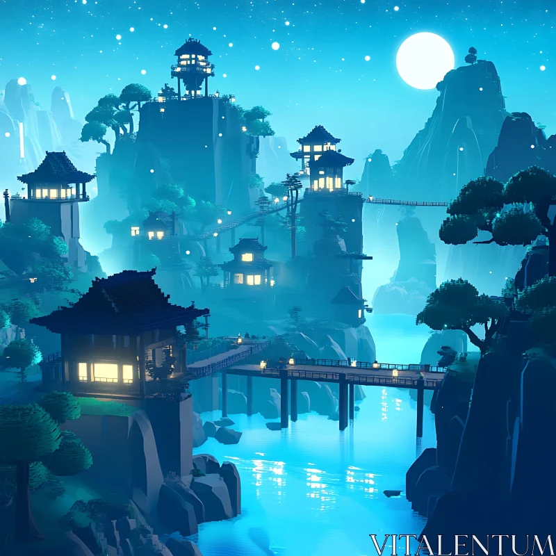 Moonlit Mountain Village AI Image