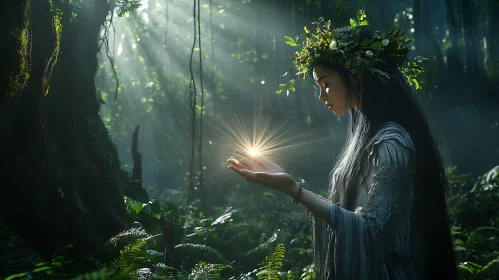 Mystic Woman Holding Light in Forest