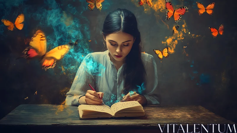 Woman's Literary World with Butterflies AI Image