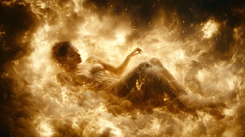 Surreal Woman Enveloped in Fiery Clouds