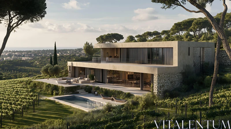 Modern Concrete and Stone House in Vineyard Setting AI Image