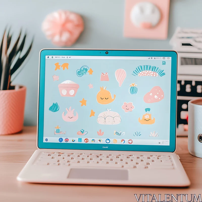 Pastel-themed Digital Workspace with White Laptop AI Image