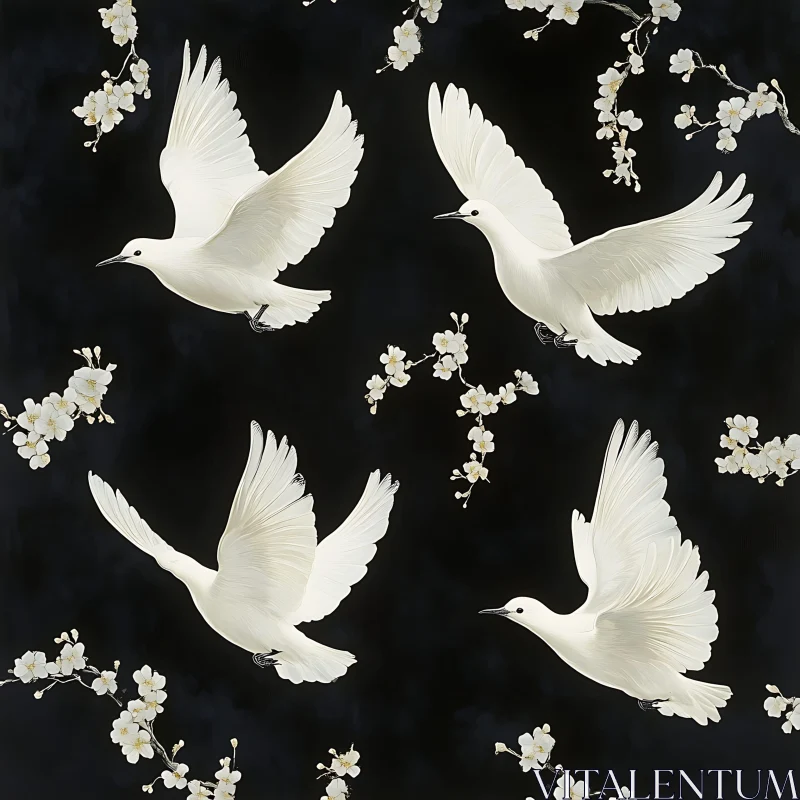 Peaceful Flight of Doves with Floral Accents AI Image