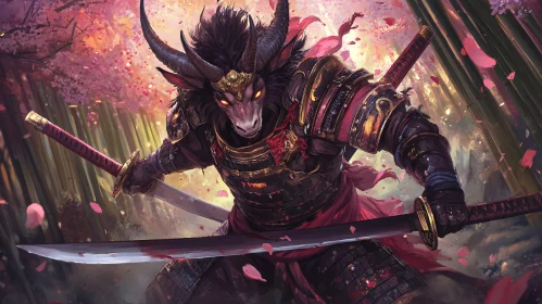 Armored Minotaur Samurai in Floral Battle Scene