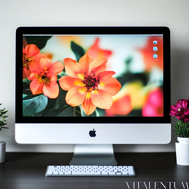 iMac Desktop with Flower Wallpaper and Potted Plants AI Image