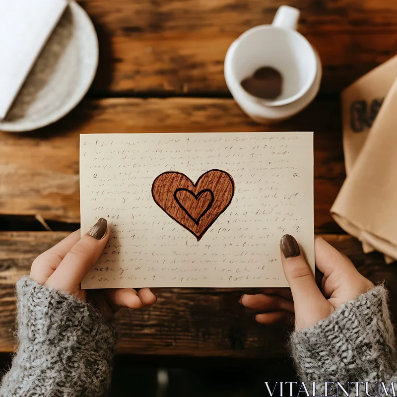 Love Letter with Heart on Wooden Table AI Image