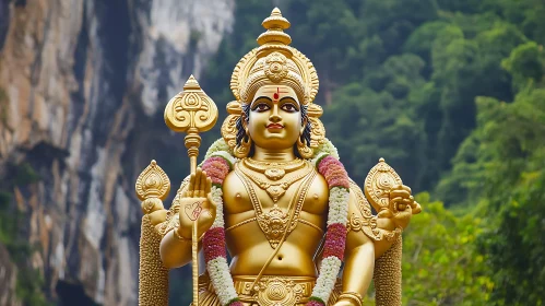 Golden Hindu God Statue with Flowers