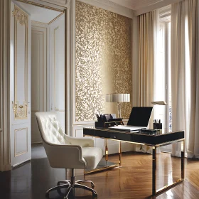 Elegant Workspace with Leather Chair and Gold Trim