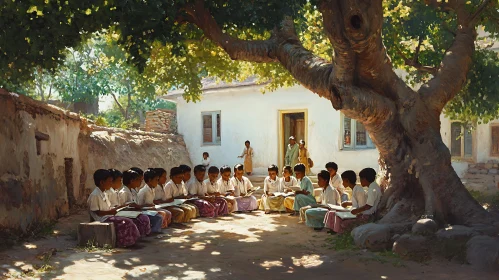 Rural School Children Reading Art