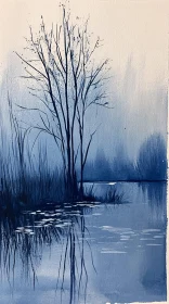 Serene Blue Lake Scene with Mist and Tree Reflections