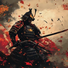 Samurai in Armor with Falling Leaves